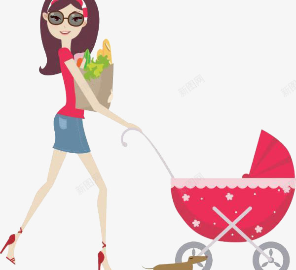 推婴儿车的妈妈png免抠素材_新图网 https://ixintu.com 卡通 妈妈 手绘 母婴