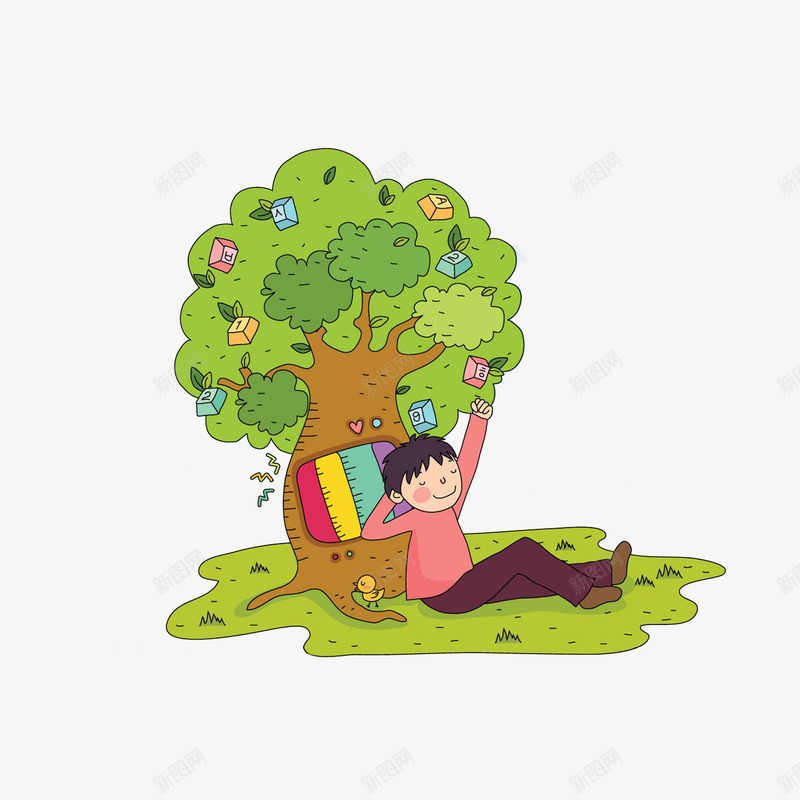 在树下享受午后阳光png免抠素材_新图网 https://ixintu.com 享受表情 卡通 在树下享受午后阳光 大树 尽情享受 男孩