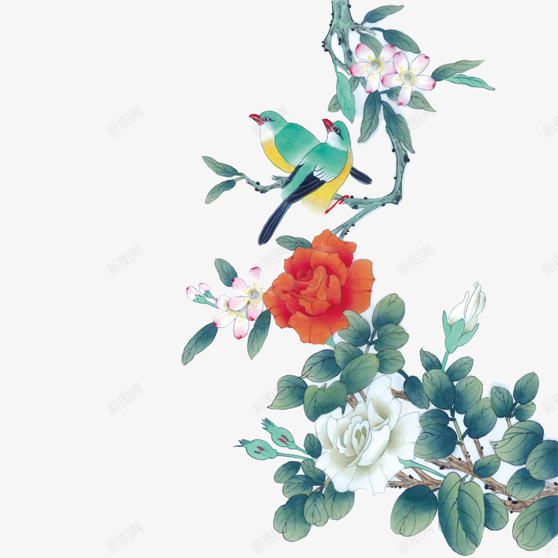 花鸟图png免抠素材_新图网 https://ixintu.com 中国风 小鸟 橙色 牡丹 白色 花鸟图
