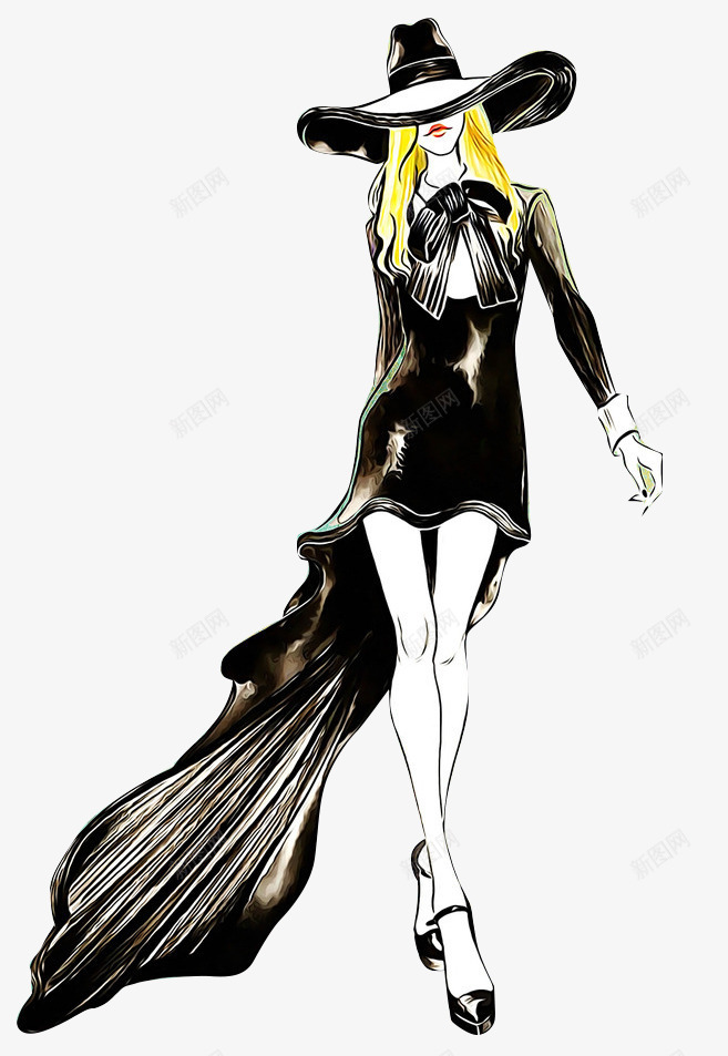 时尚插图png免抠素材_新图网 https://ixintu.com 带帽子 手绘美女 模特 黑色