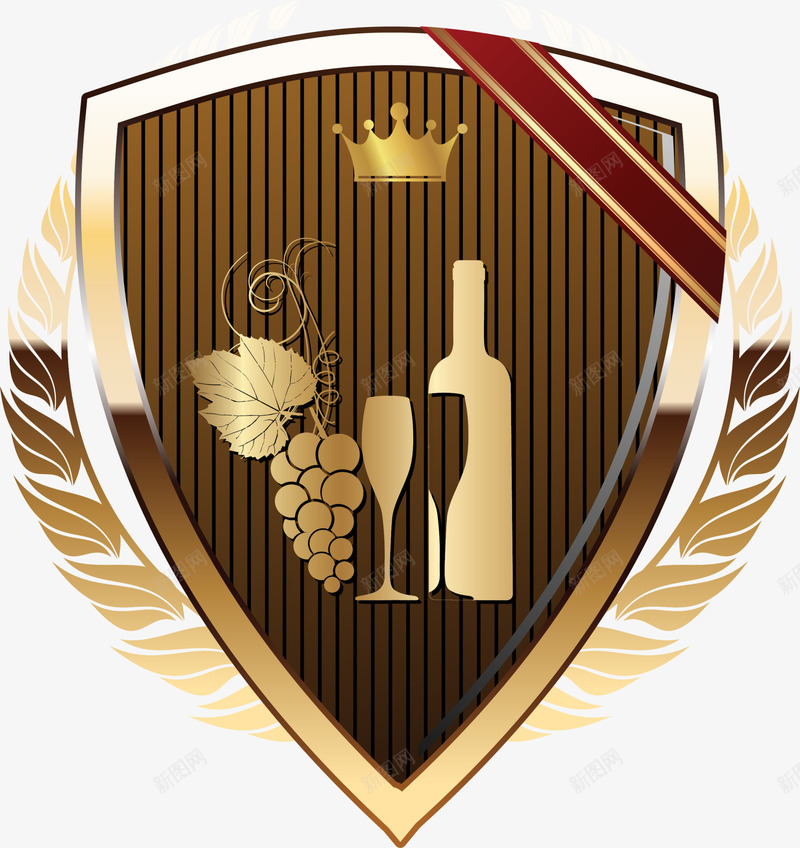 金色红酒盾牌png免抠素材_新图网 https://ixintu.com 尊贵图案 稻穗徽章 红色绸带 红酒盾牌 酒庄标志 金色徽章