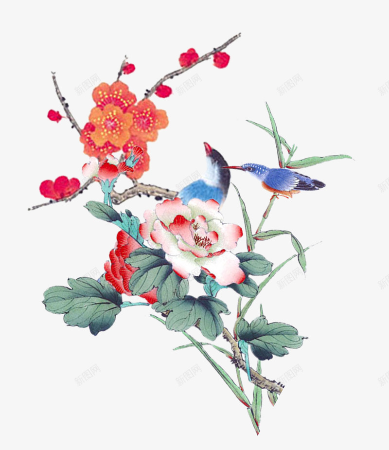 国画花鸟png免抠素材_新图网 https://ixintu.com 国画梅花 树枝 花丛 鸟