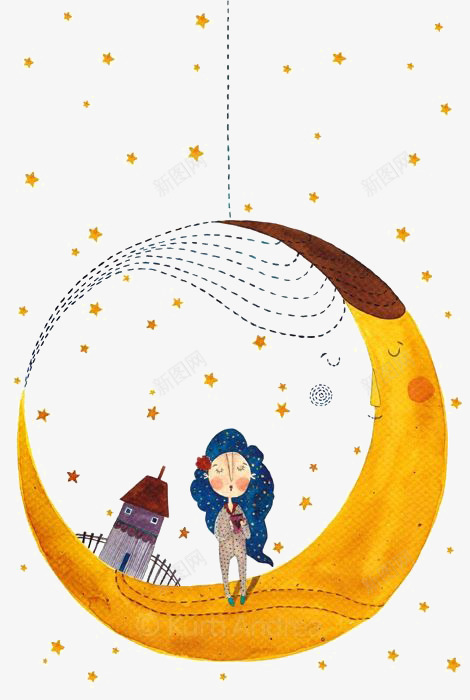 月亮上的女人png免抠素材_新图网 https://ixintu.com 卡通 手绘 插画 星星 月亮 梦幻 童话