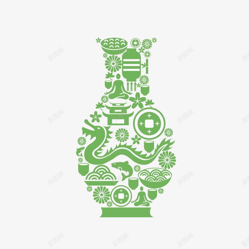 中国各种风俗传统组成的花瓶png免抠素材_新图网 https://ixintu.com 创意 剪纸 吉祥鱼 商务 灯笼 绿色 舞龙 铜板