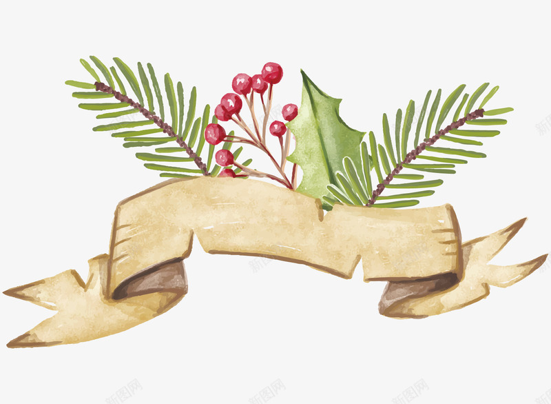 手绘圣诞节丝带装饰png免抠素材_新图网 https://ixintu.com 丝带边框 圣诞节装饰 手绘 植物装饰 水彩 黄色