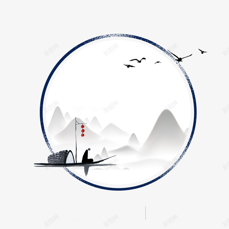 中国风山水画船只装饰png免抠素材_新图网 https://ixintu.com 中国风 山峰 山水画 山水画壁纸 船上的渔夫 船只装饰 飞翔的鸟