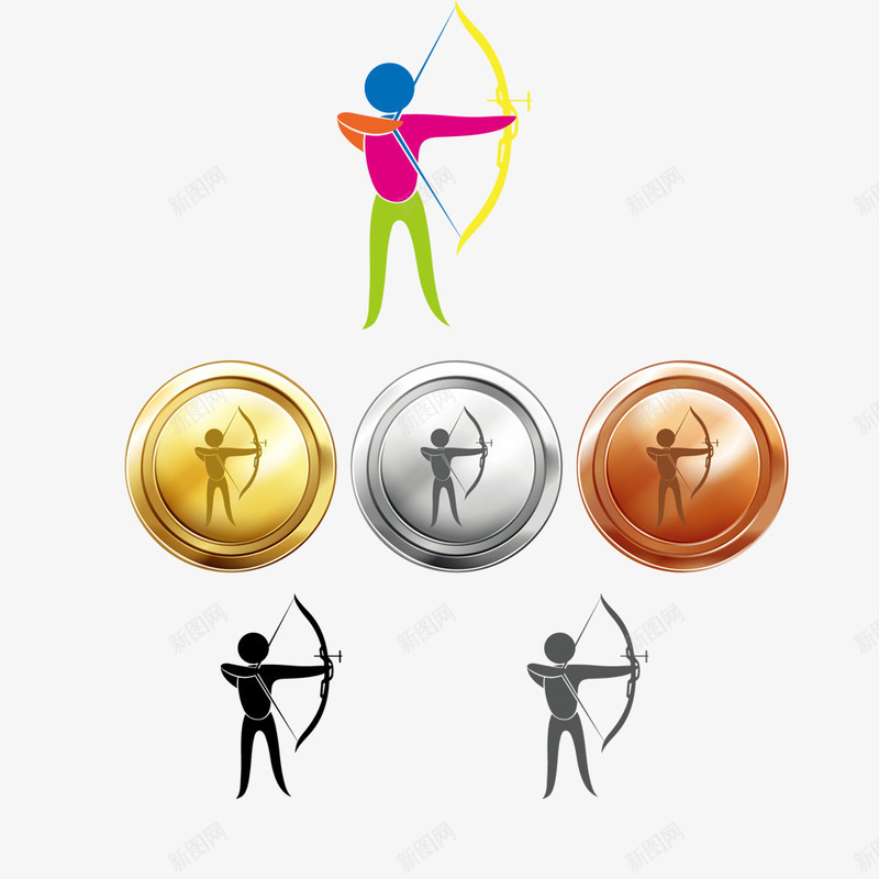 弓箭比赛的金银铜牌png免抠素材_新图网 https://ixintu.com 弓箭 金牌卖家 金色 铜色 银色