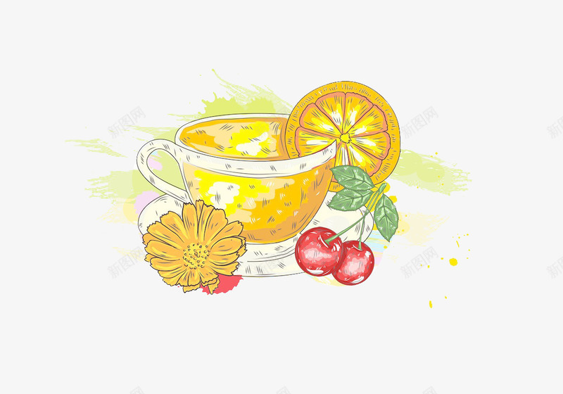 手绘柠檬茶饮料png免抠素材_新图网 https://ixintu.com 手绘柠檬片 手绘柠檬茶 手绘樱桃 手绘菊花 柠檬茶 饮料