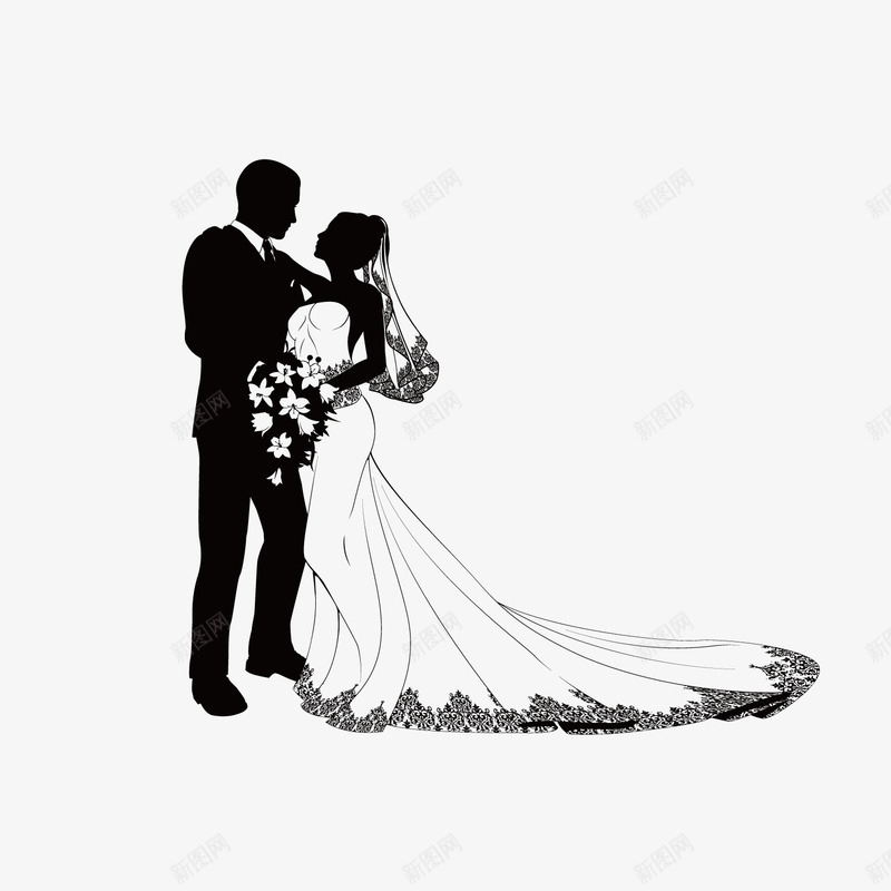 黑色结婚剪影png免抠素材_新图网 https://ixintu.com 剪影 捧花 素描婚纱 结婚 黑色