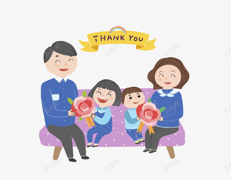 高兴地一家png免抠素材_新图网 https://ixintu.com 一家人 卡通 子女 孝顺的 感恩节 父母 鲜花