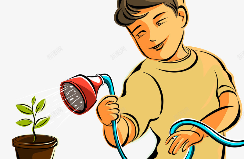 卡通青年浇水植物盆栽png免抠素材_新图网 https://ixintu.com 卡通青年