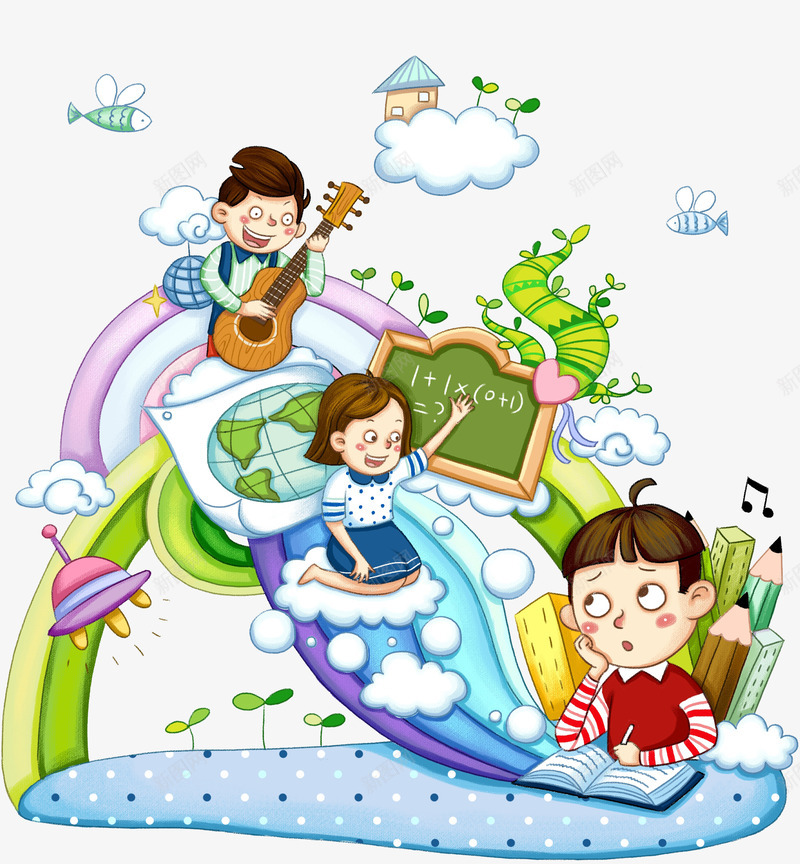 天马行空游乐场png免抠素材_新图网 https://ixintu.com 做题 儿童 卡通 天马行空 弹吉他 彩虹 思考 手绘 数学 树藤 游玩 滑滑梯 玩滑滑梯 铅笔