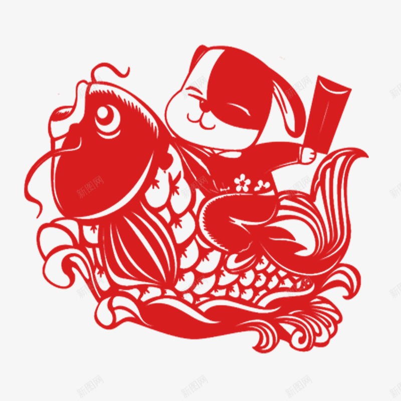 骑鲤鱼的小狗中国狗年剪纸造型png免抠素材_新图网 https://ixintu.com 中国红 中国风 传统纹样 剪纸 图案 小狗 新年 狗年 生肖 红色