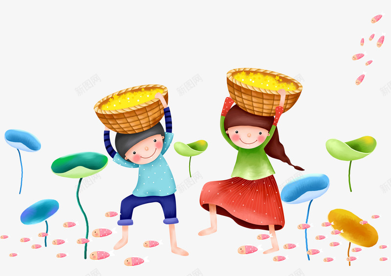 卡通雨中荷塘儿童psd免抠素材_新图网 https://ixintu.com png图片素材 免费png素材 卡通儿童 女孩 手绘插画 男孩 荷叶 雨中荷塘
