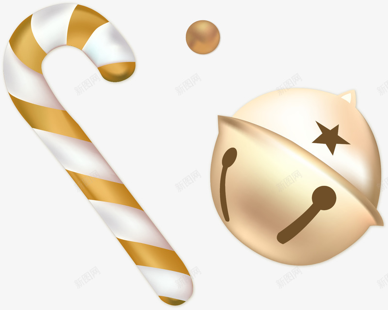 手绘金属装饰png免抠素材_新图网 https://ixintu.com 手绘 拐杖糖 立体 金属 金色拐棍糖果 金铃铛 铃铛