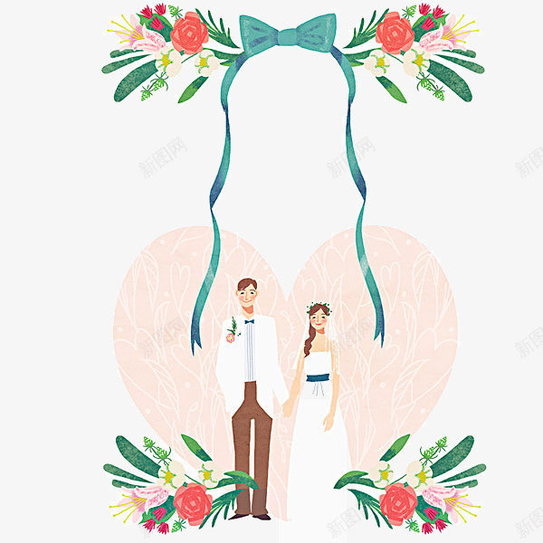结婚季结婚的新人png免抠素材_新图网 https://ixintu.com 免抠花朵 季结婚的新人 结婚 绿色的丝带 花环装饰 蝴蝶结