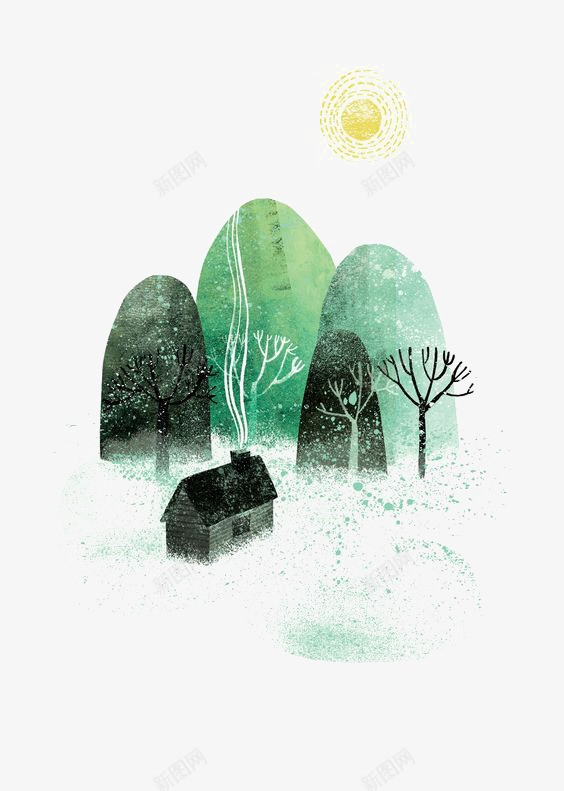 水墨树林png免抠素材_新图网 https://ixintu.com 中国风 小山 房子 手绘 枯树 水彩