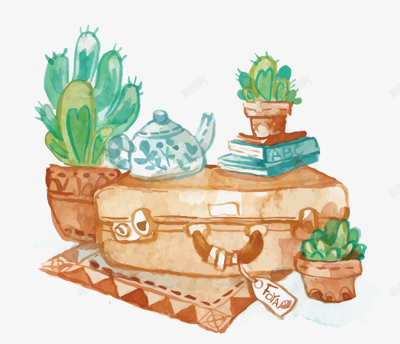 小清新插画矢量图eps免抠素材_新图网 https://ixintu.com PNG图片 PNG图片素材 PNG素材 PNG素材免费下载 小清新 水彩 盆栽 茶壶 行李箱 矢量图