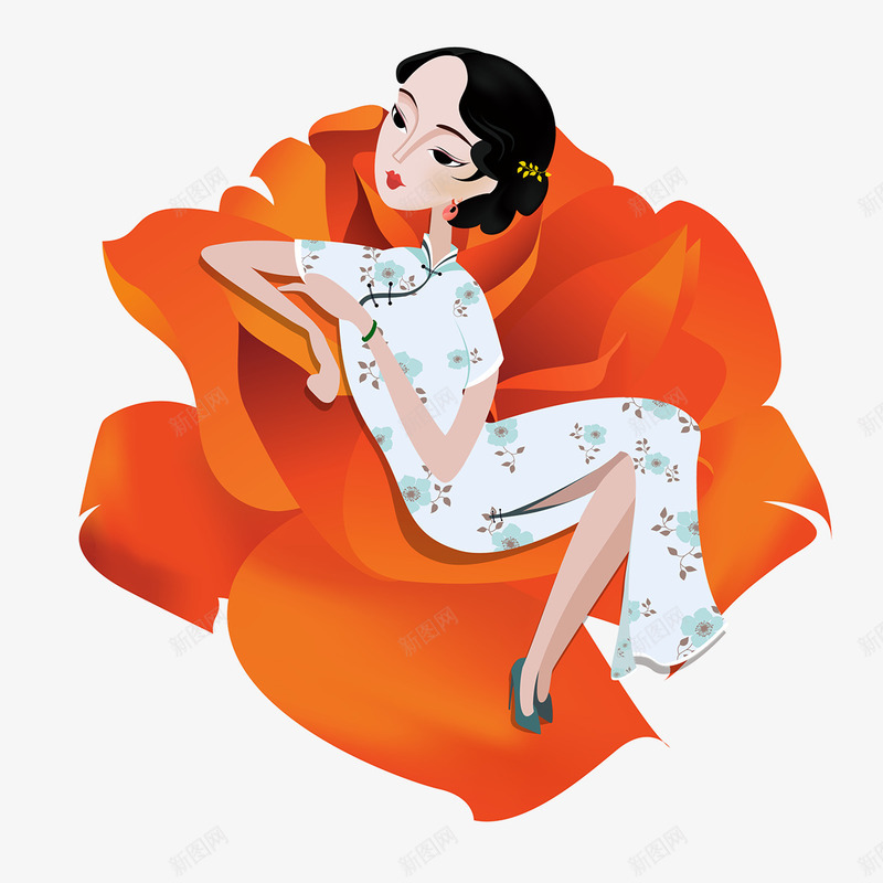 花朵上的美丽旗袍女人手绘png免抠素材_新图网 https://ixintu.com 人手 旗袍 美丽 花朵