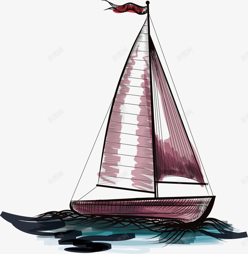一叶船png免抠素材_新图网 https://ixintu.com 大海 帆船 手绘 红色