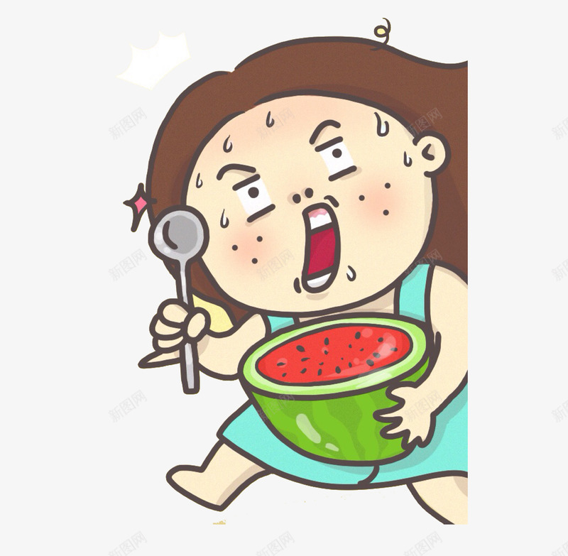 吃西瓜的胖女孩儿png免抠素材_新图网 https://ixintu.com 卡通 好吃表情 素材 美味 蓝色 西瓜