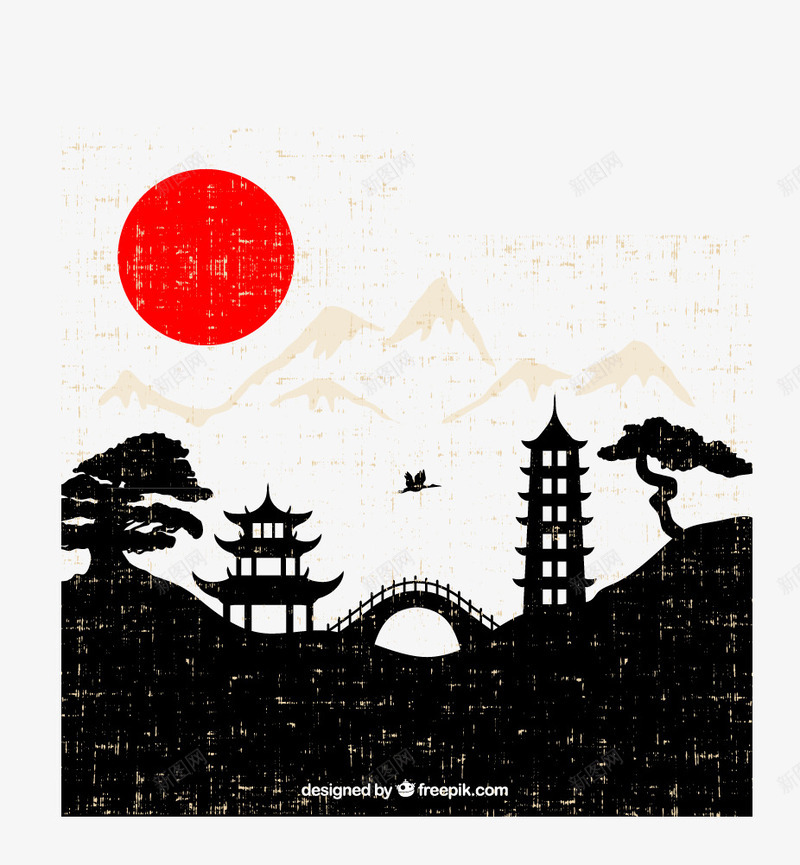 日式风格插画矢量图ai免抠素材_新图网 https://ixintu.com 亭子 仙鹤 塔 太阳 拱桥 插画 日本 松柏 松树 雪山 风景 矢量图