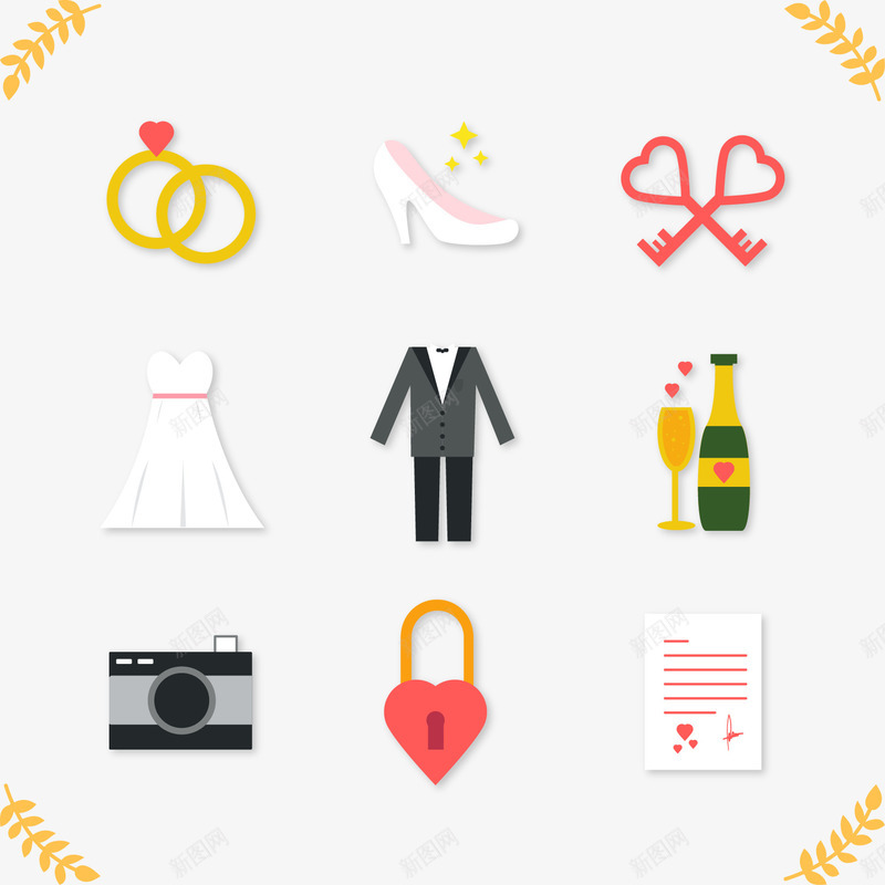 9款方形婚礼元素矢量图ai免抠素材_新图网 https://ixintu.com 婚礼 戒指 相机 结婚 西装 酒 钥匙 锁 矢量图