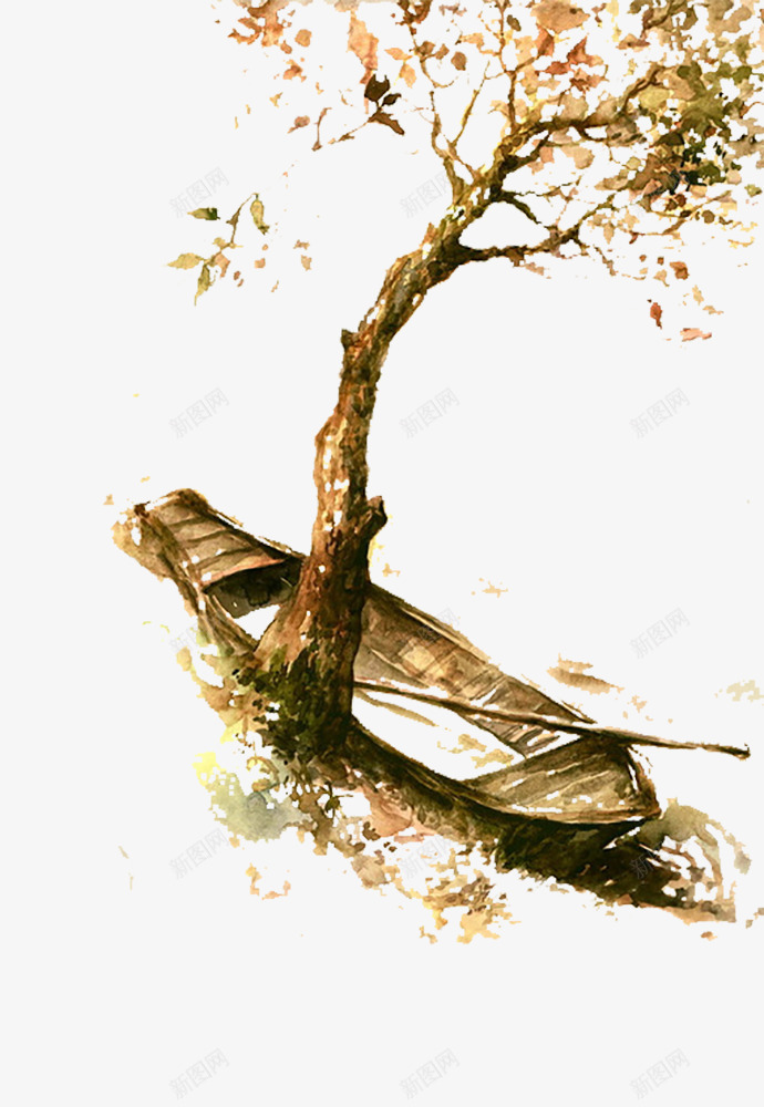 手绘枫树png免抠素材_新图网 https://ixintu.com 中国风 佳人 古风 小木船 手绘 木船 树 船