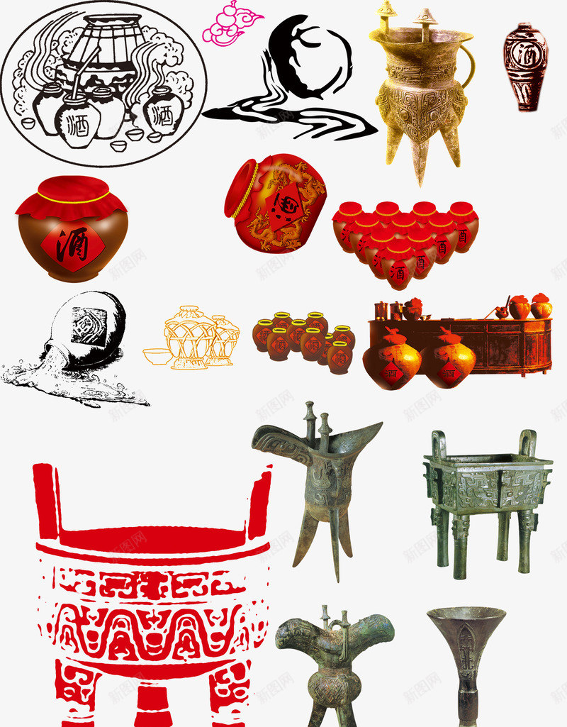 古典图案卡通中国风中国风png免抠素材_新图网 https://ixintu.com 中国风 中国风图案 中国风素材 卡通中国风素材 古典卡通 古典图片 古风酒坛 手绘 瓷器 酒坛 酒杯 鼎