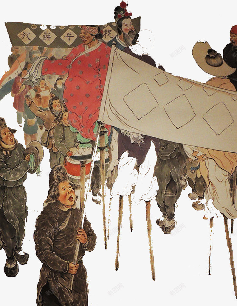 踩高跷国画png免抠素材_新图网 https://ixintu.com 国画 庆祝 民国 踩高跷