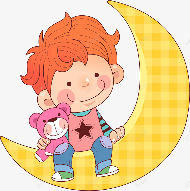 卡通月亮儿童png免抠素材_新图网 https://ixintu.com 卡通小孩 宇宙 小男孩 抓气球的熊 月亮 熊 玩偶小熊 玩具小熊 男孩 矢量卡通 黄色月亮