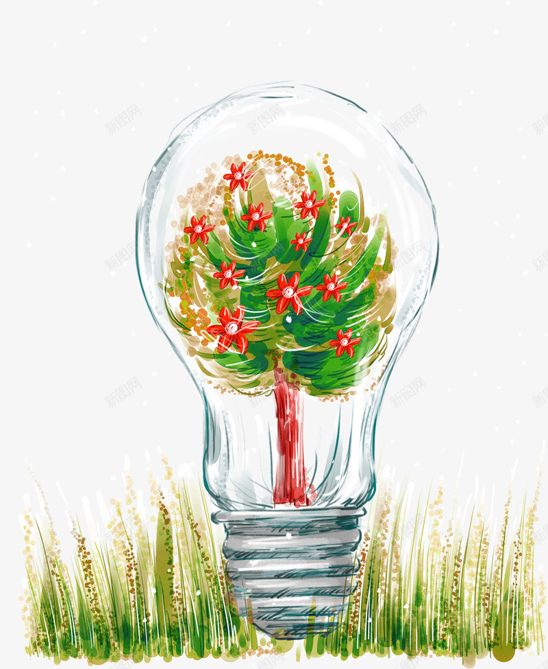 灯泡里的树木png免抠素材_新图网 https://ixintu.com 五角星 手绘 挂饰 树木 灯泡 简图 红色 绿色
