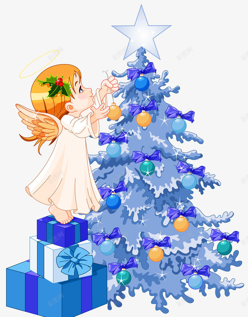 踩着礼物触碰圣诞树的天使png免抠素材_新图网 https://ixintu.com 圣诞树 天使 星星 礼物