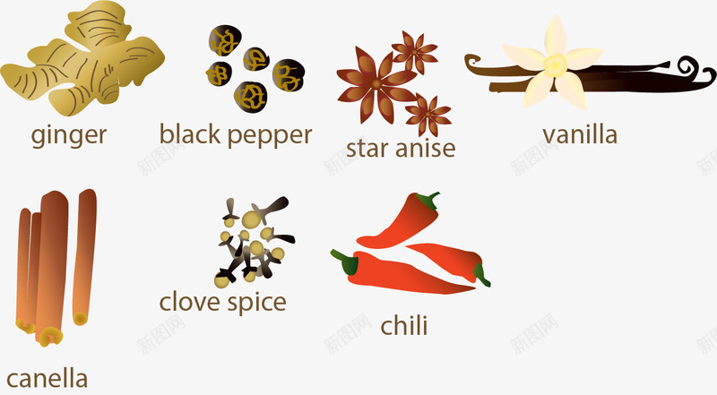 食品作料一组图标png_新图网 https://ixintu.com 八角 生姜 辣椒