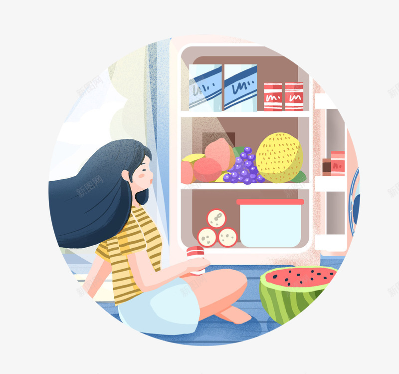手绘处暑节气插画psd免抠素材_新图网 https://ixintu.com 冰箱 处暑 手绘 手绘处暑节气插画 插画 节气 西瓜