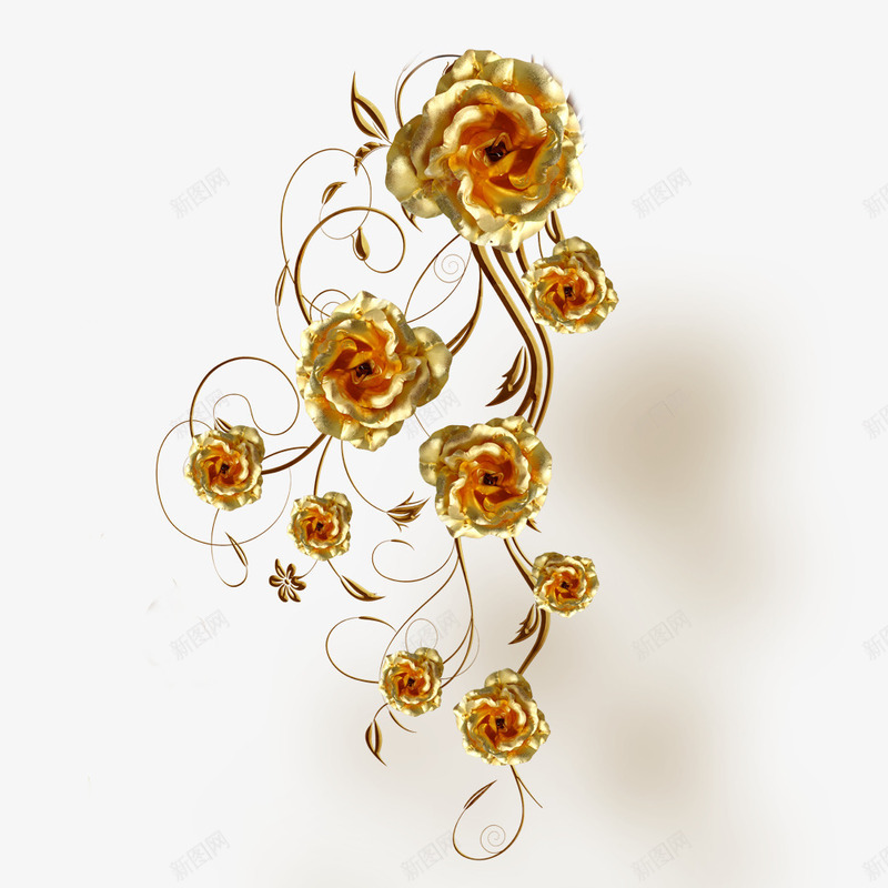 金属花朵png免抠素材_新图网 https://ixintu.com 玫瑰花 花藤 金属 金色花 镀金