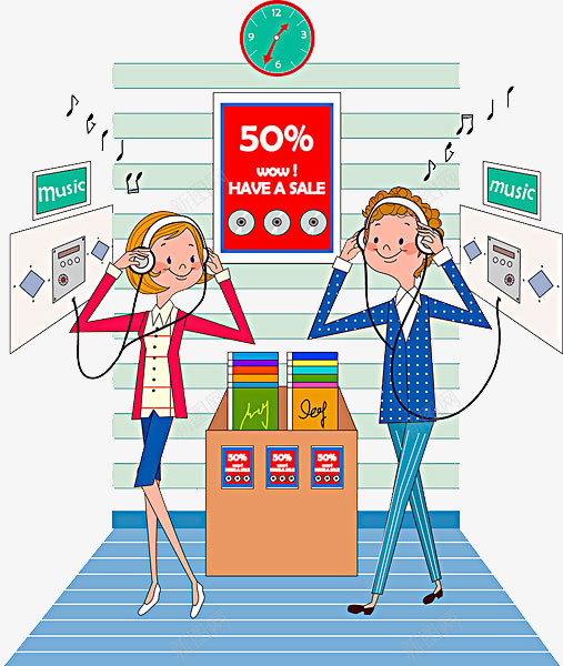 手绘减压音乐店png免抠素材_新图网 https://ixintu.com 休息 减压 听音乐 唱片店 打折 放松 耳机