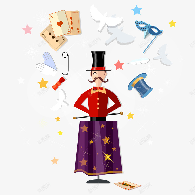 手绘魔术师元素矢量图ai免抠素材_新图网 https://ixintu.com 娱乐休闲 帽子 手绘元素 扑克牌 魔术师 矢量图