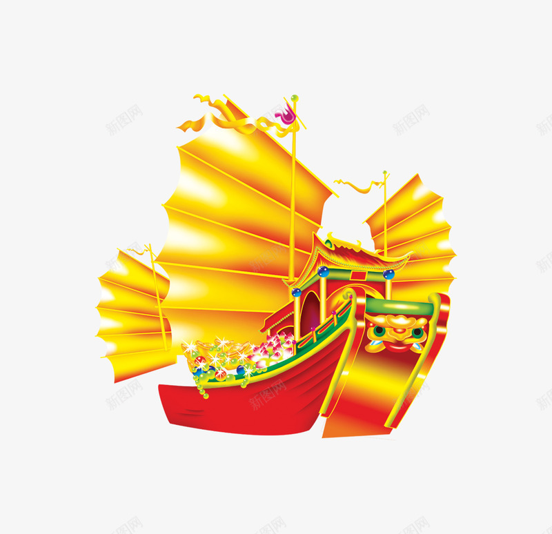 金色轮船png免抠素材_新图网 https://ixintu.com 塞龙舟 帆船 船 装满金币的小船 轮船 金币 金色 钱币