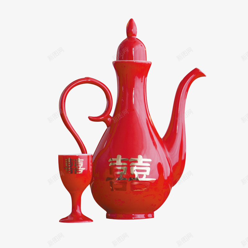 喜酒壶杯png免抠素材_新图网 https://ixintu.com 繁体喜字 红色 结婚 酒壶 酒杯