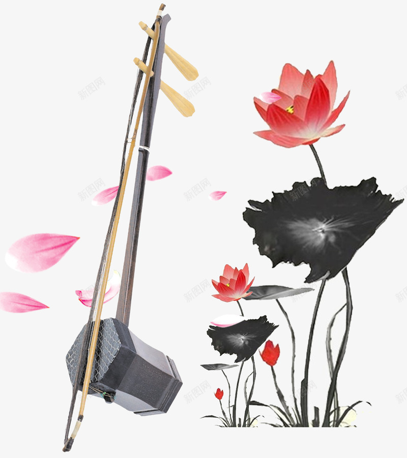 二胡荷花古风中国风png免抠素材_新图网 https://ixintu.com 中国风 中国风二胡 乐器 二胡 二胡海报 古风 手绘 插画 水墨画 花瓣 荷花
