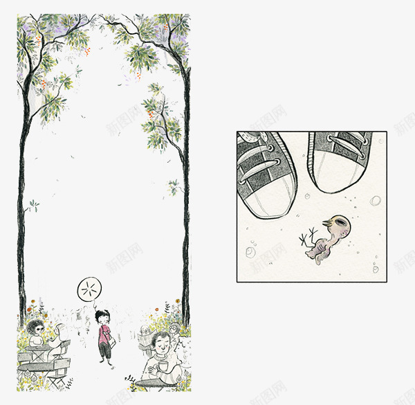 手绘树林人物闲聊psd免抠素材_新图网 https://ixintu.com 创意设计 可爱卡片 手绘插画