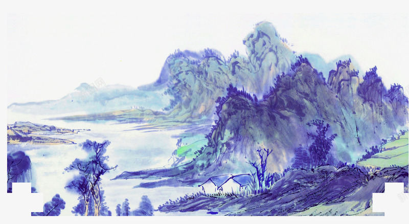 蓝色山水水墨画png免抠素材_新图网 https://ixintu.com 中国风 中式风格水墨画背景 中式风格迎客松 山水画背景