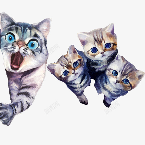 猫妈妈带小猫片psd免抠素材_新图网 https://ixintu.com 一窝小猫 惊讶表情老猫 母猫 水彩画