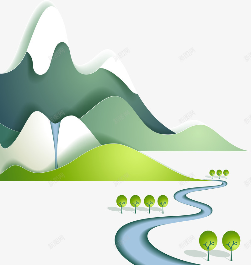 纸板插画山脉与河流png免抠素材_新图网 https://ixintu.com 下雪 山 山峰 山脉 山顶 手绘插画山 水彩河流 河流 简笔画山 纸板插画 绿树 雪山