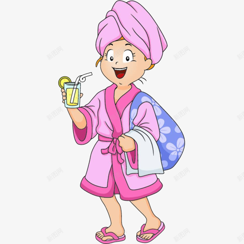卡通美女喝果汁png免抠素材_新图网 https://ixintu.com 人字拖 卡通 喝果汁 插画 果汁 美女 美女喝果汁 蒸桑拿 饮料