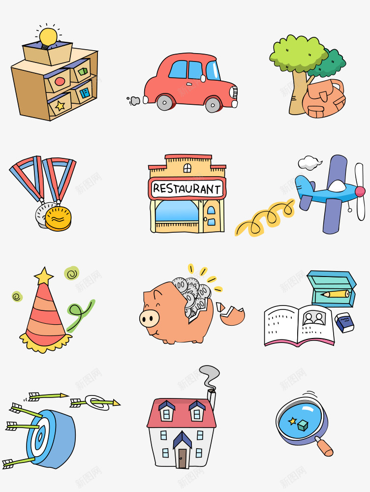线描卡通合集图标png_新图网 https://ixintu.com 储蓄罐 可爱 图标 奖牌 车