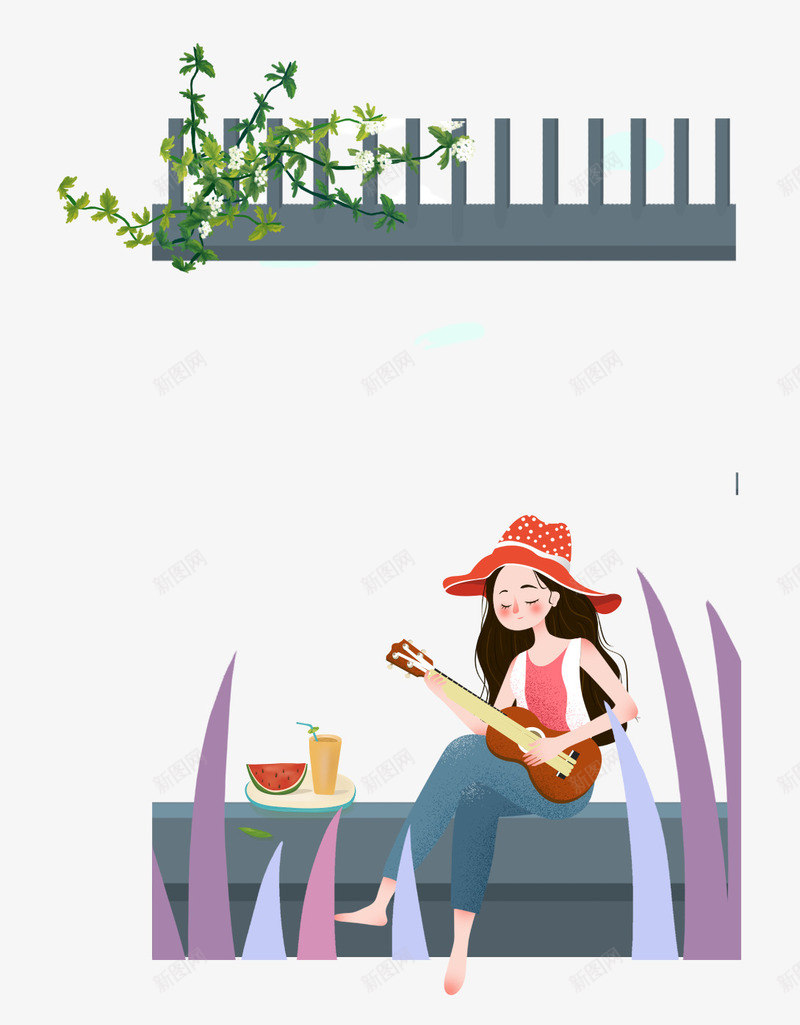 治愈系少女饮茶插画psd免抠素材_新图网 https://ixintu.com 喝茶 少女 弹吉他 插画 栏杆 植物 治愈系 清新 西瓜