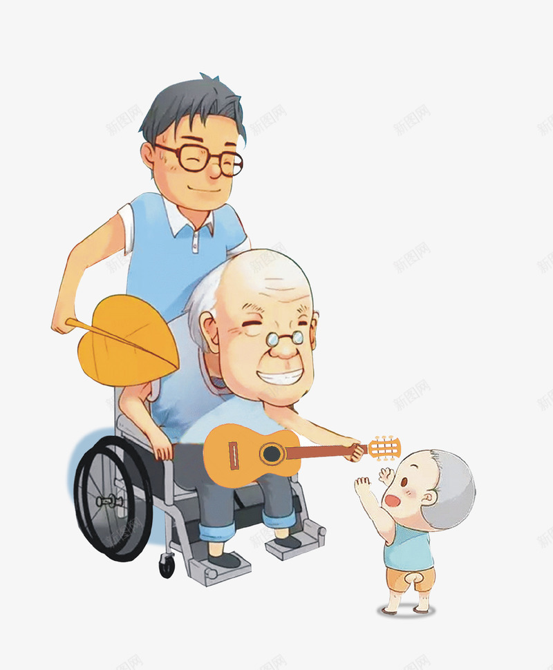 卡通手绘祖孙三代插画psd免抠素材_新图网 https://ixintu.com 卡通手绘 吉他 坐轮椅的老人 孝顺 孝顺孩子 手绘祖孙 插画 祖孙三代 老人 轮椅