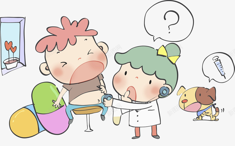 生病的男孩png免抠素材_新图网 https://ixintu.com 可爱 害怕的 惊讶的 椅子 疼痛的 针管 问号